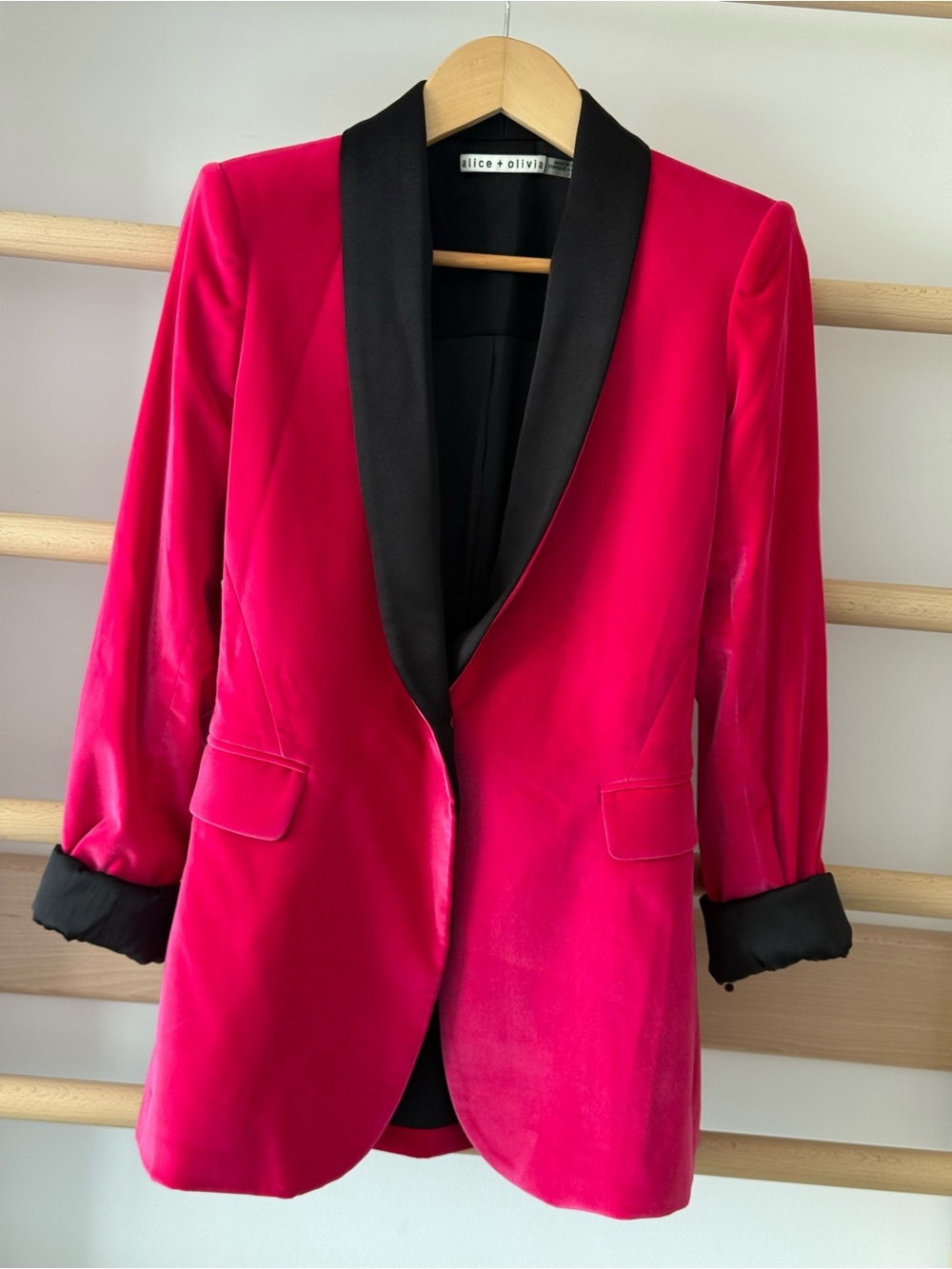 Alice + Olivia Hot Pink Velvet Blazer with Black Satin Shawl Collar